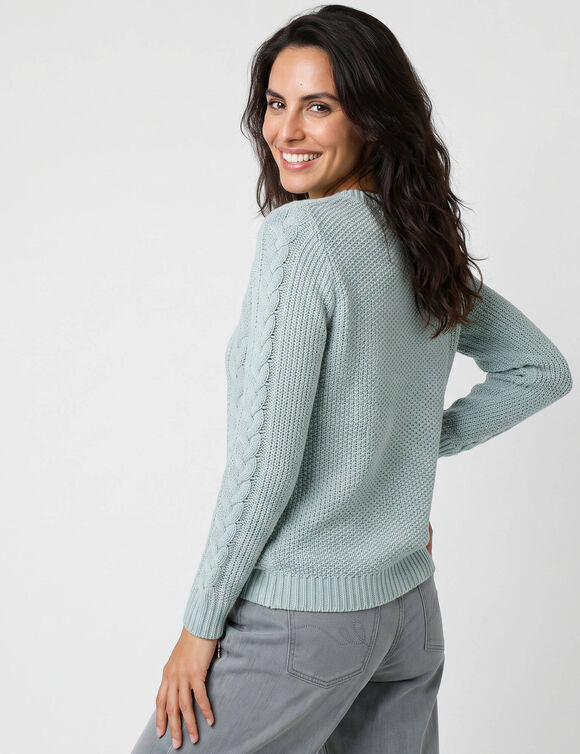Pull col rond, maille torsad&eacute;e (vert gris&eacute;)