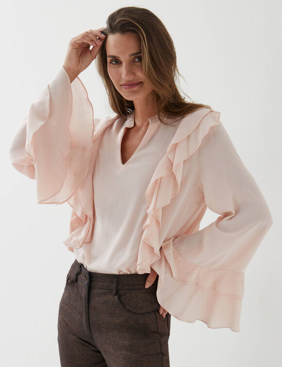 Blouse met officierskraag en ruches, uitlopende mouwen, cr&ecirc;pe (poederroze)