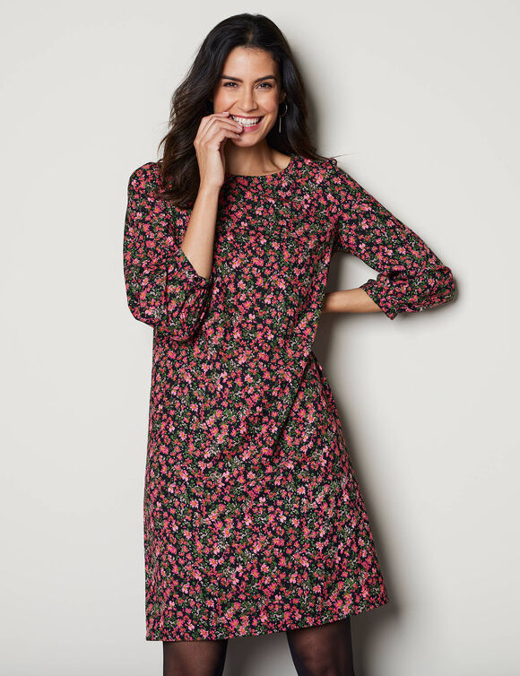 Robe droite manches 7/8ème imprimée (noir / framboise)