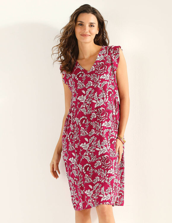 Robe courte manches volant&eacute;es, cr&eacute;pon imprim&eacute; (Indisch roze)