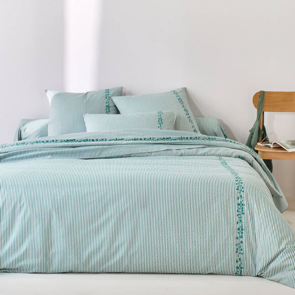 Linge de lit Faustine imprim&eacute; rayures et brod&eacute; - coton 57 fils/cm&sup2; (vert)