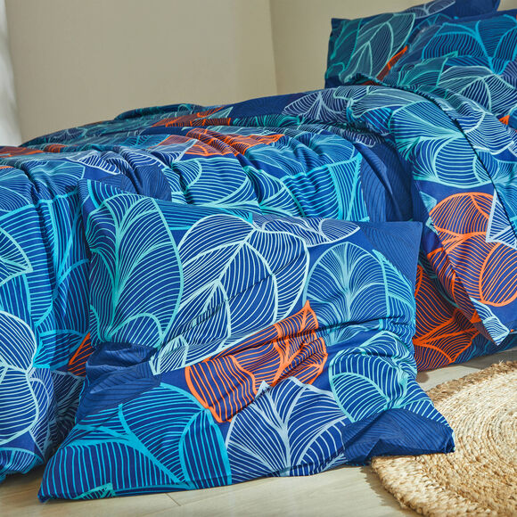 Linge de lit Elsa en polycoton à motifs feuilles (bleu)