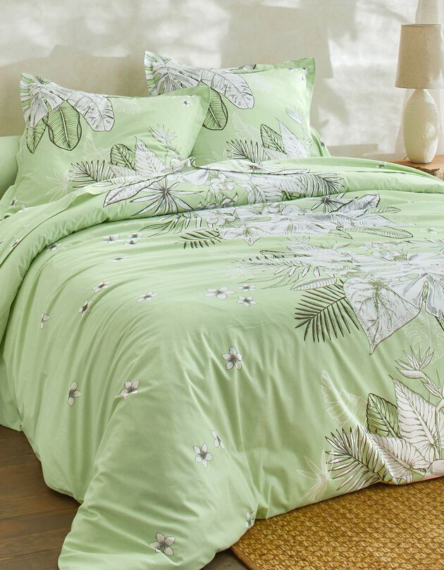 Linge de lit Elyse en coton imprimé fleurs et feuilles de palmes, vert d'eau, hi-res