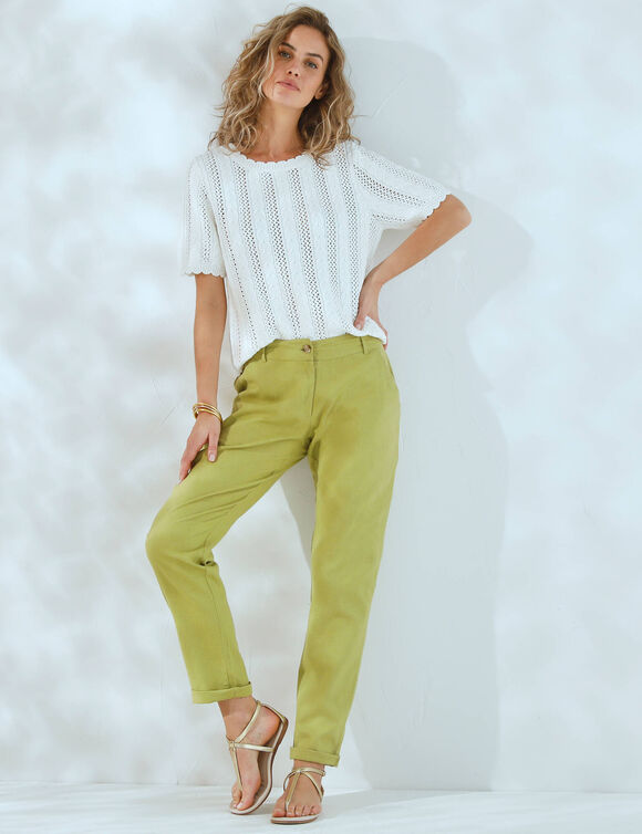 Pantalon coupe mom coton-lin uni (vert mousse)
