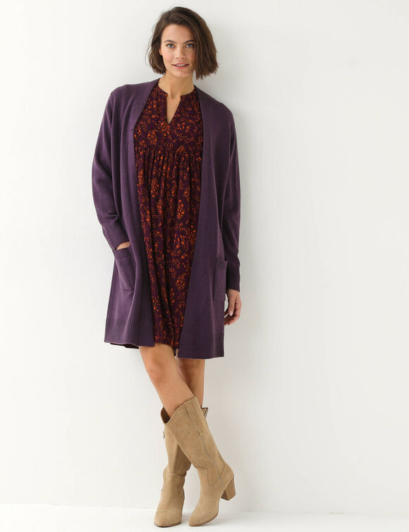 Gilet long porter ouvert, col V (prune)