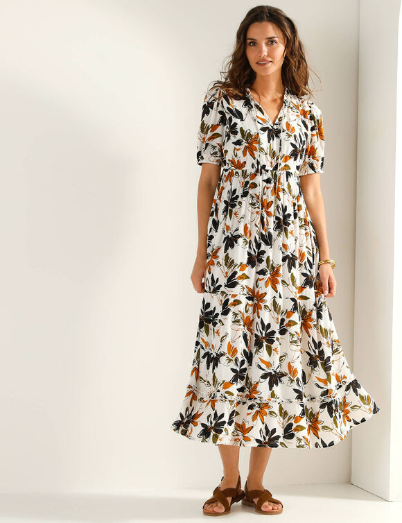 Robe longue volant&eacute;e, cr&eacute;pon imprim&eacute; (&eacute;cru / noir)