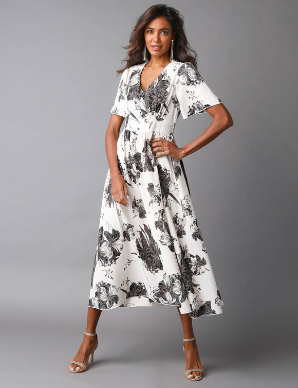 Robe longue imprimée, manches évasées  (écru / noir)
