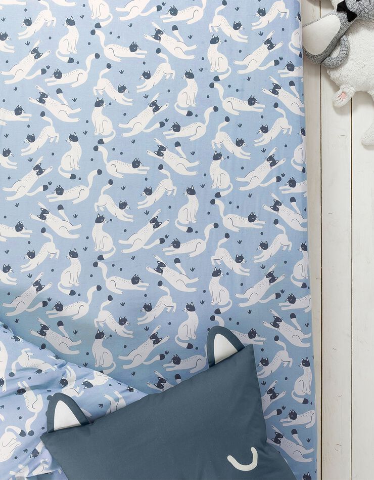 Linge de lit enfant imprimé chats Miaou 1 personne - coton biologique (bleu)