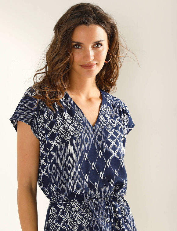 Robe manches courtes, cr&ecirc;pe imprim&eacute; (marine / &eacute;cru)
