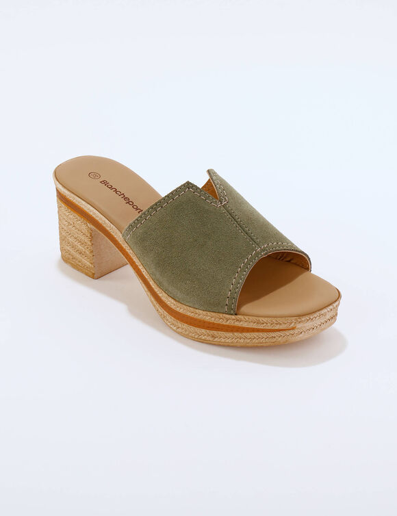 Mules compens&eacute;es style sabot cro&ucirc;te de cuir (vert sauge)