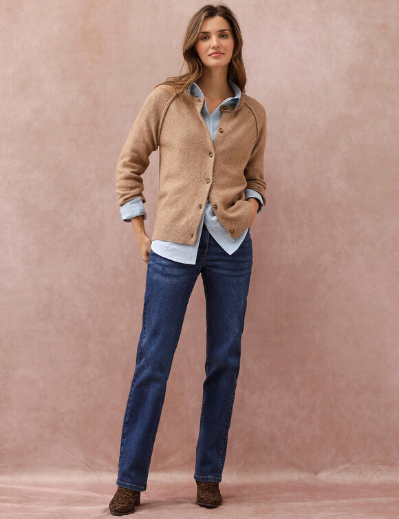 Gilet boutonn&eacute;, maille moelleuse en laine m&eacute;lang&eacute;e (beige)