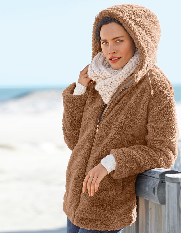 Manteau bouclette à capuche zippé (caramel)