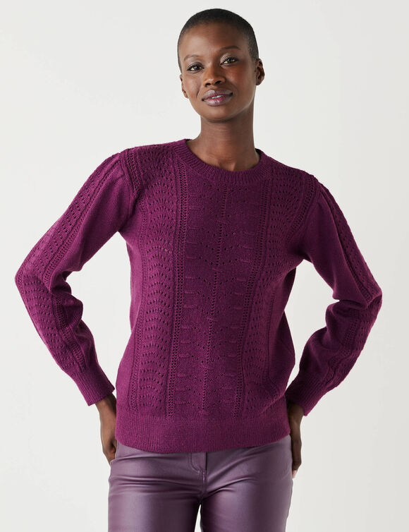 Pull col rond, maille fantaisie toucher doux (prune)