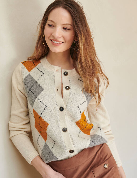 Gilet jacquard motif losanges (&eacute;cru / gris)