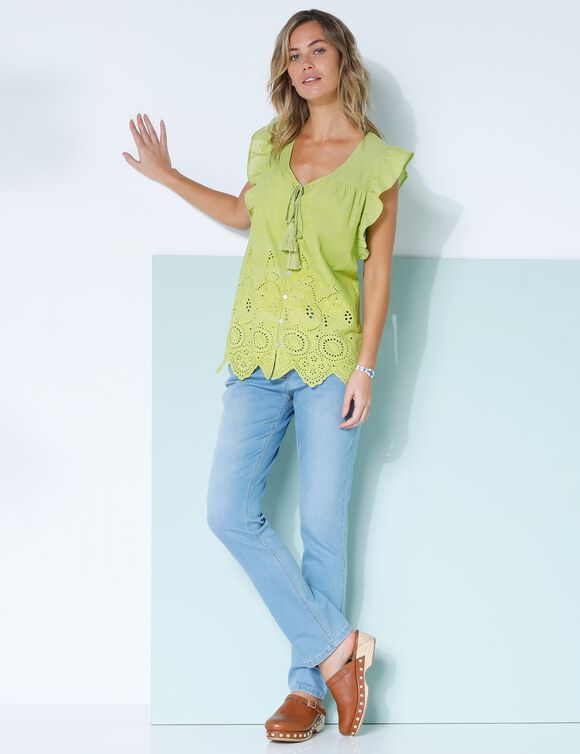 Effen bloes met V-hals en knoopsluiting, broderie anglaise (anijs)