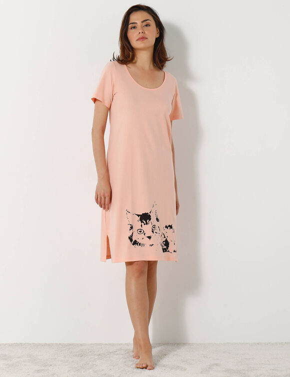 Chemise de nuit courte imprim&eacute; chat - lot de 2 (p&ecirc;che / gris)