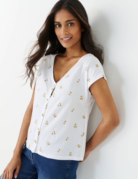 T-shirt col V boutonn&eacute; imprim&eacute; cerises dor&eacute;es (blanc / dor&eacute;)
