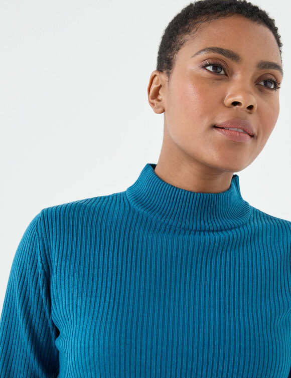 Pull col montant long, maille côtelée (bleu canard)