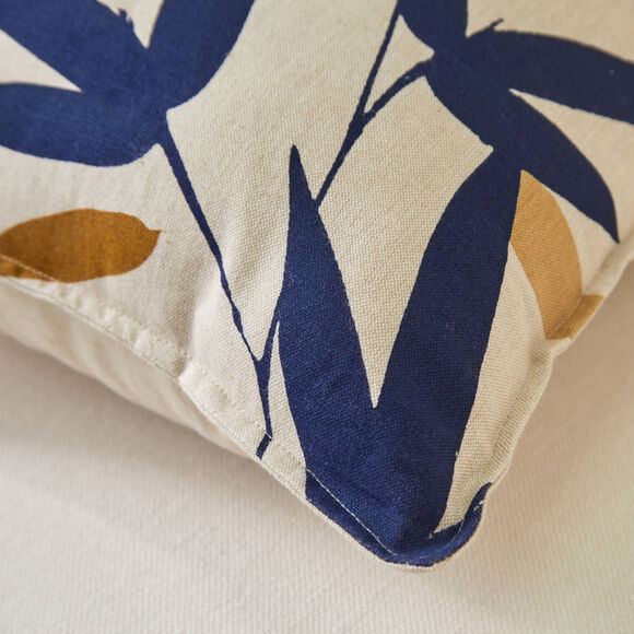 Coussin imprimé feuilles (beige / marine)