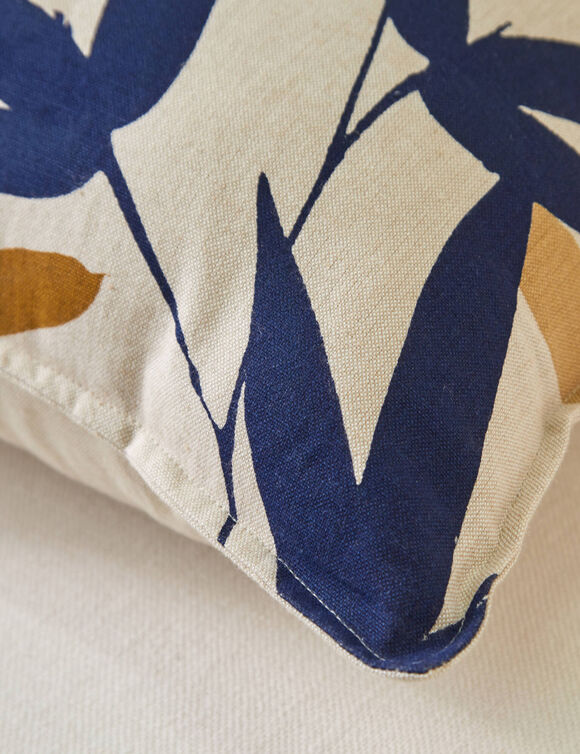 Coussin imprimé feuilles (beige / marine)