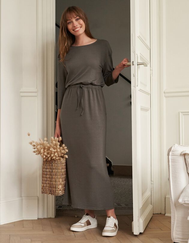 Lange jurk in licht molton met elastische taille (kaki)