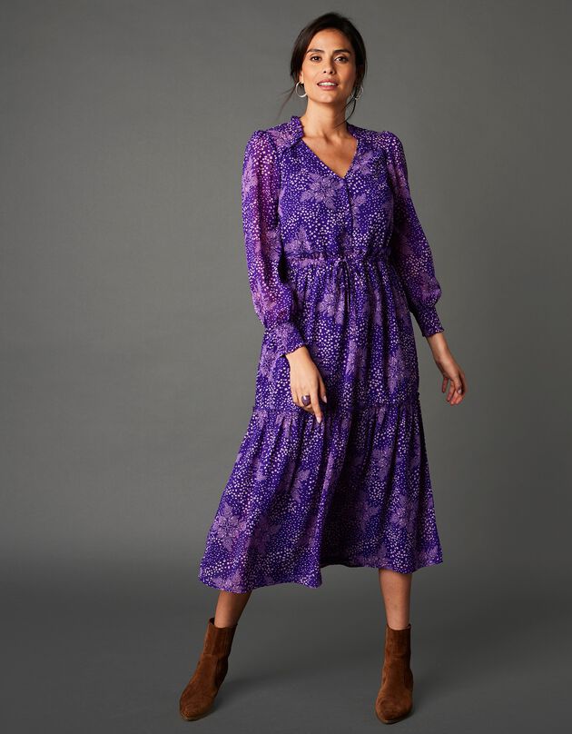 Robe longue volantée, imprimé minimaliste bicolore (violet / écru)