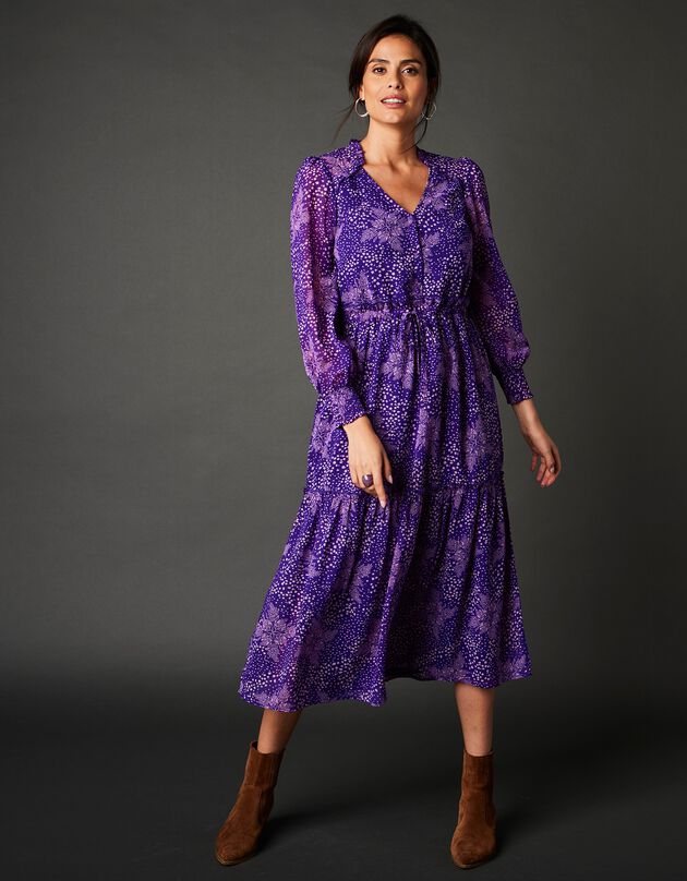 Robe longue volantée, imprimé minimaliste bicolore (violet / écru)
