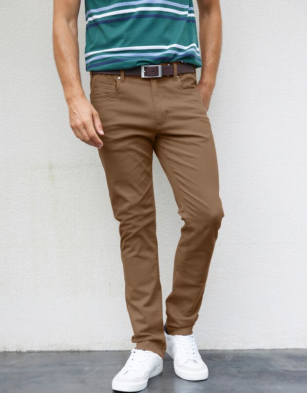 Pantalon droit 5 poches twill coton extensible (marron clair)