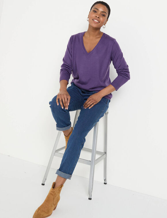 Pull col V, toucher doux (aubergine)