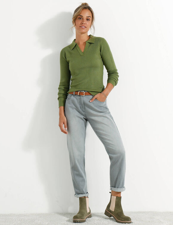 Pull col polo, maille côtelée (vert olive)
