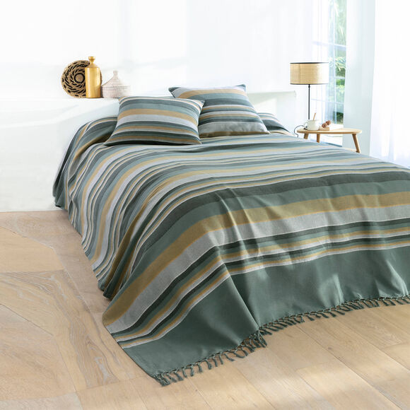 Plaid jeté multicolore coton tissage artisanal (vert grisé)