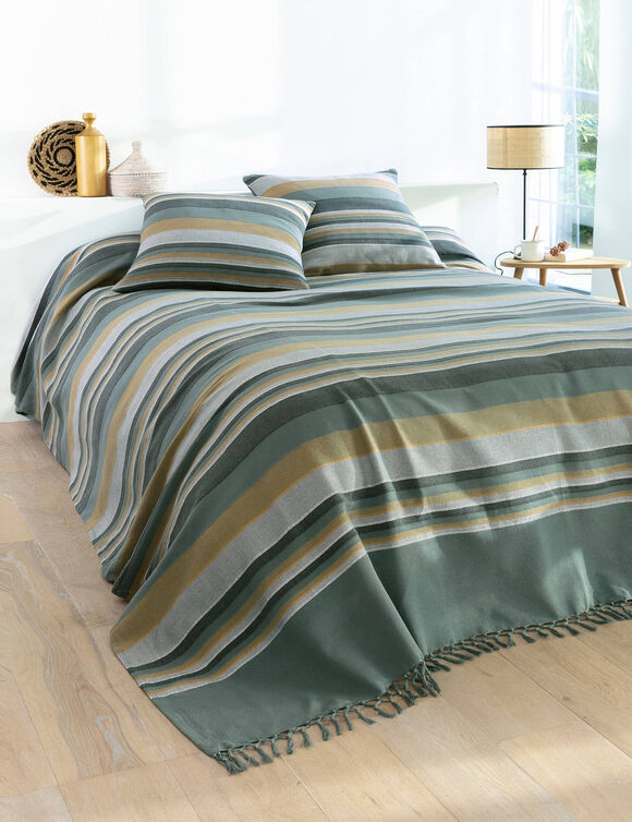 Plaid jeté multicolore coton tissage artisanal (vert grisé)