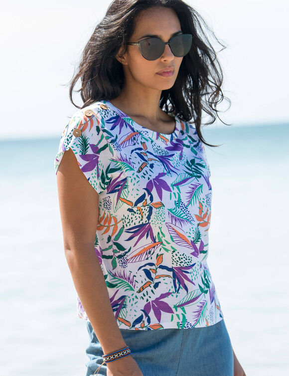 T-shirt imprimé détail boutonné (blanc / violet)