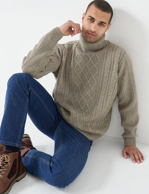 Pull col roul&eacute; maille irlandaise (taupe moulin&eacute;)