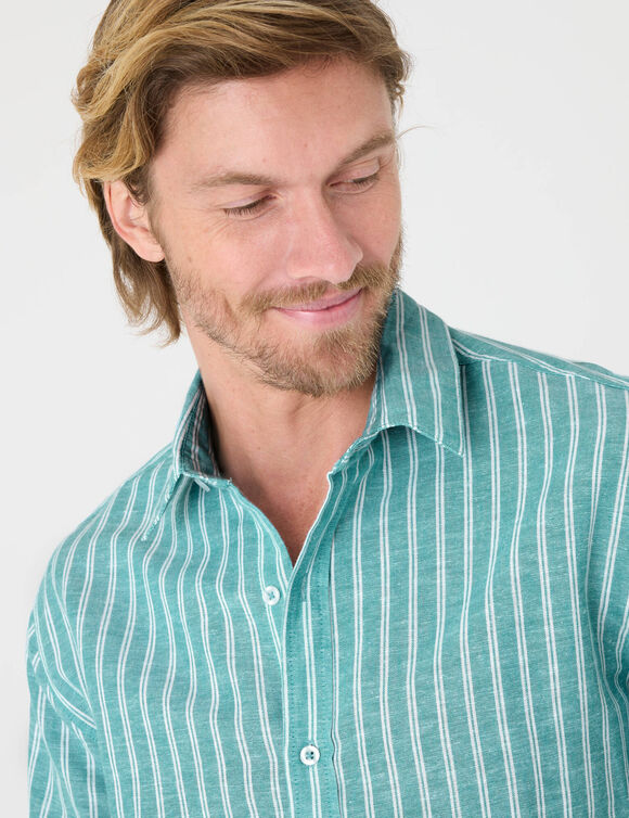 Chemise ray&eacute;e coton lin manches longues  (aqua / blanc)