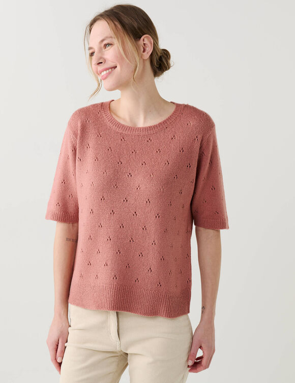 Pull manches courtes, maille pointelle toucher doux (bois de rose)