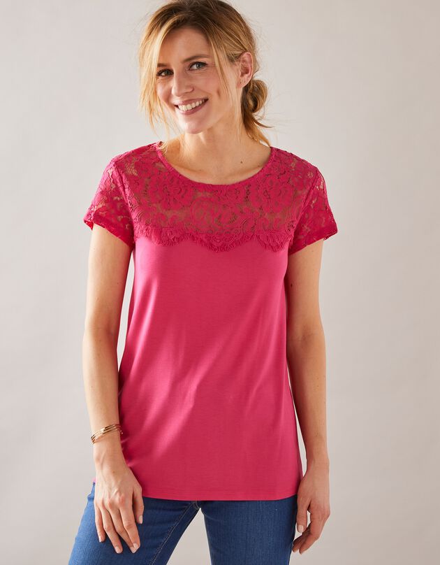 Tee-shirt dentelle col rond manches courtes (framboise)