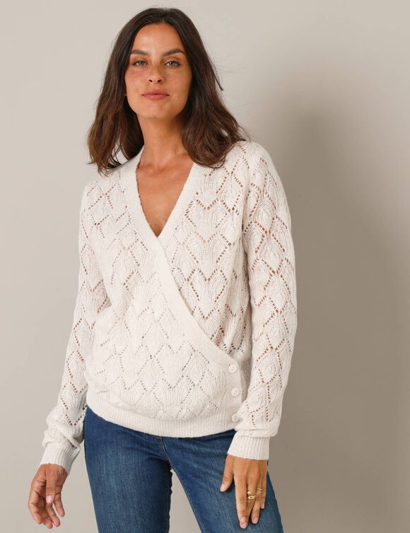 Wrap-overjasje, fantasiebreisel met zachte touch (ecru)