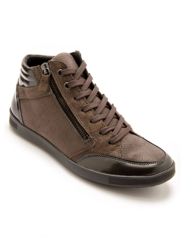 Derbies montantes grande largeur lacées et zippées en cuir - femme, gris Derbies montantes grande largeur lacées et zippées en cuir - femme, gris, hi-res