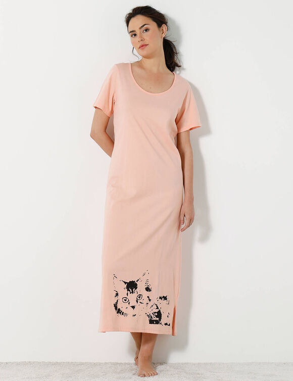Chemise de nuit longue imprim&eacute; chat - lot de 2 (p&ecirc;che / gris)