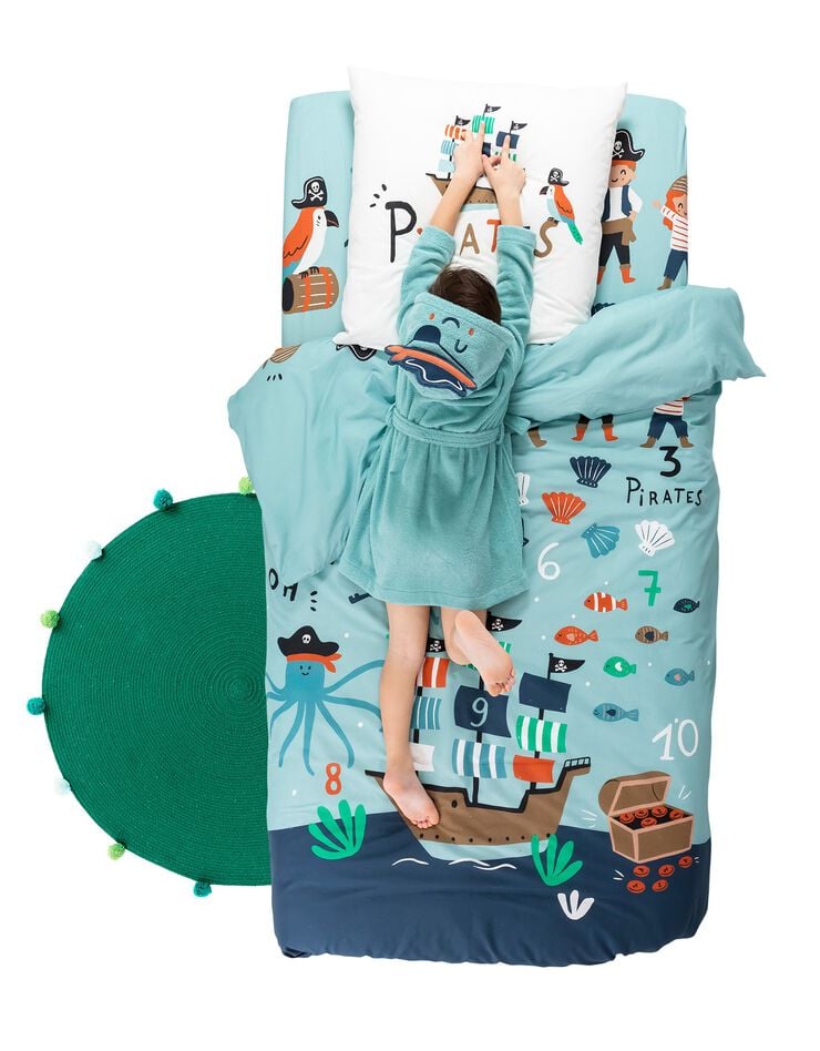 Linge de lit enfant Pirates imprimé en coton (bleu)