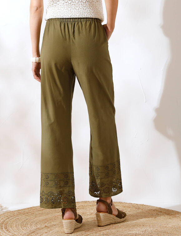 Pantalon large 7/8ème, broderie anglaise (kaki)
