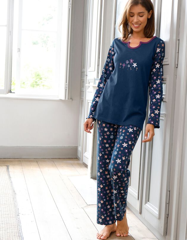 Pyjama met bloemenprint - zuiver katoen (marine)