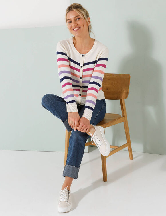 Cardigan rayé boutonné (écru / violine)