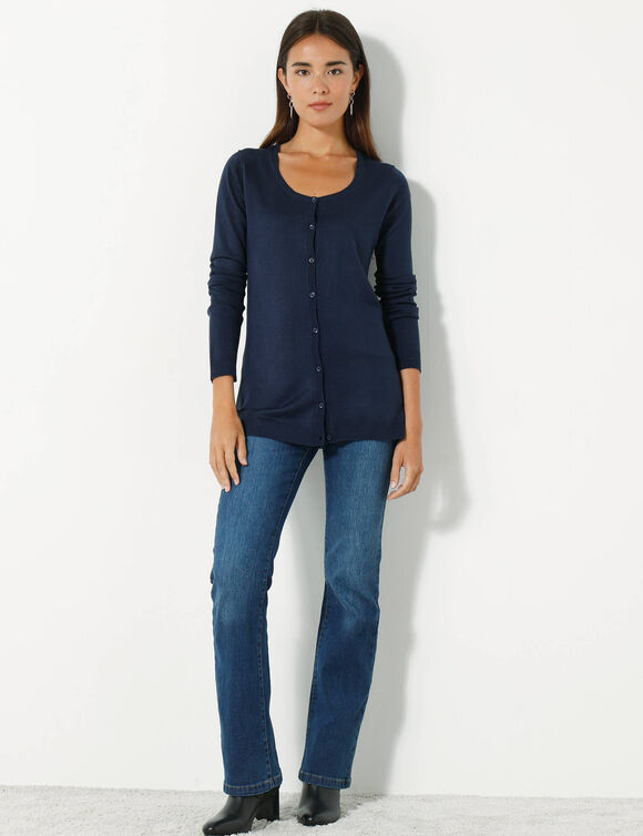Cardigan boutonné col rond uni, toucher doux (marine)