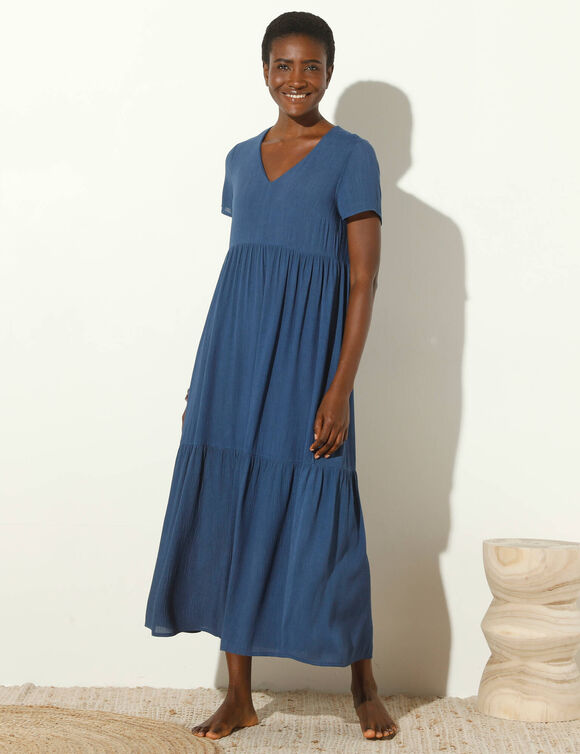 Robe col V longue unie, cr&eacute;pon (bleu indigo)