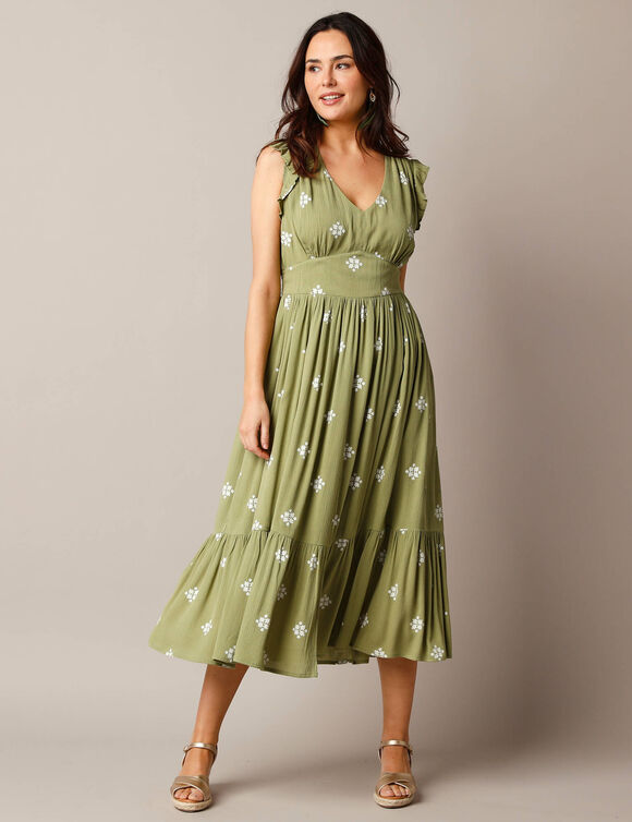 Robe longue imprim&eacute;e, cr&eacute;pon (kaki / &eacute;cru)