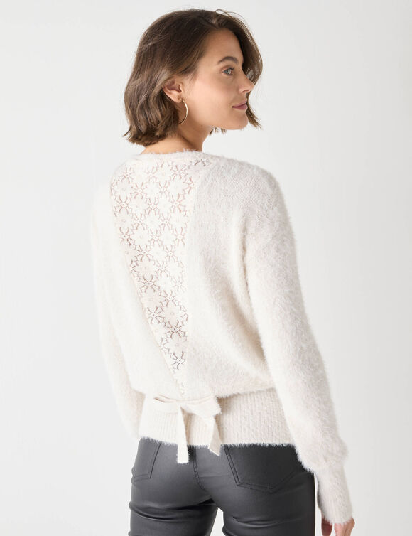 Pull dos dentelle, maille poilue (ivoire)