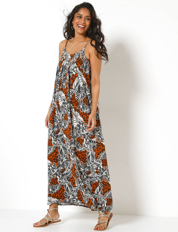 Robe longue fluide &agrave; fines bretelles, imprim&eacute; l&eacute;opard et v&eacute;g&eacute;tal (zwart / karamel)