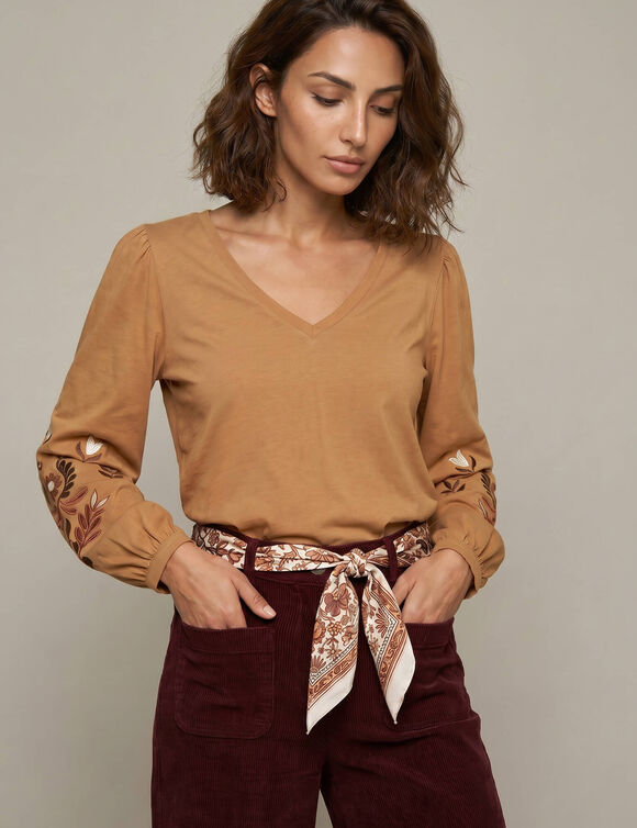T-shirt manches longues brod&eacute;es, coton (noisette)